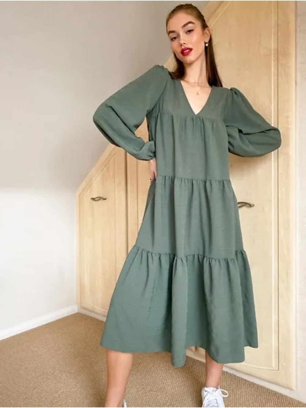 ASOS Sage Green Tiered V-Neck Midi Dress